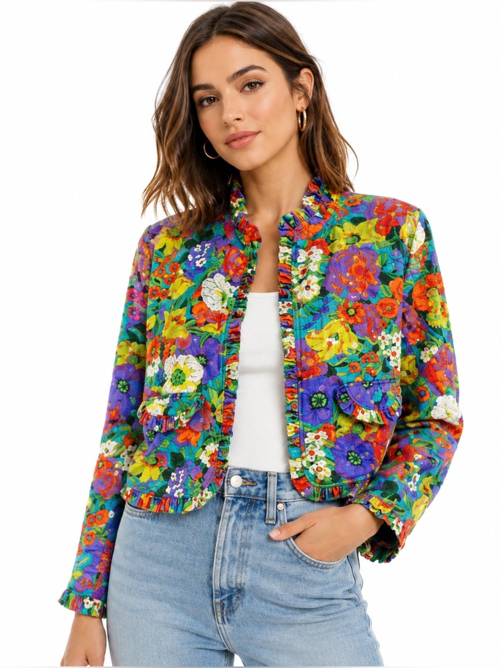 Redd Jeans Vintage Floral Sequin Jacket Ruffle Trim Cropped Sz 10